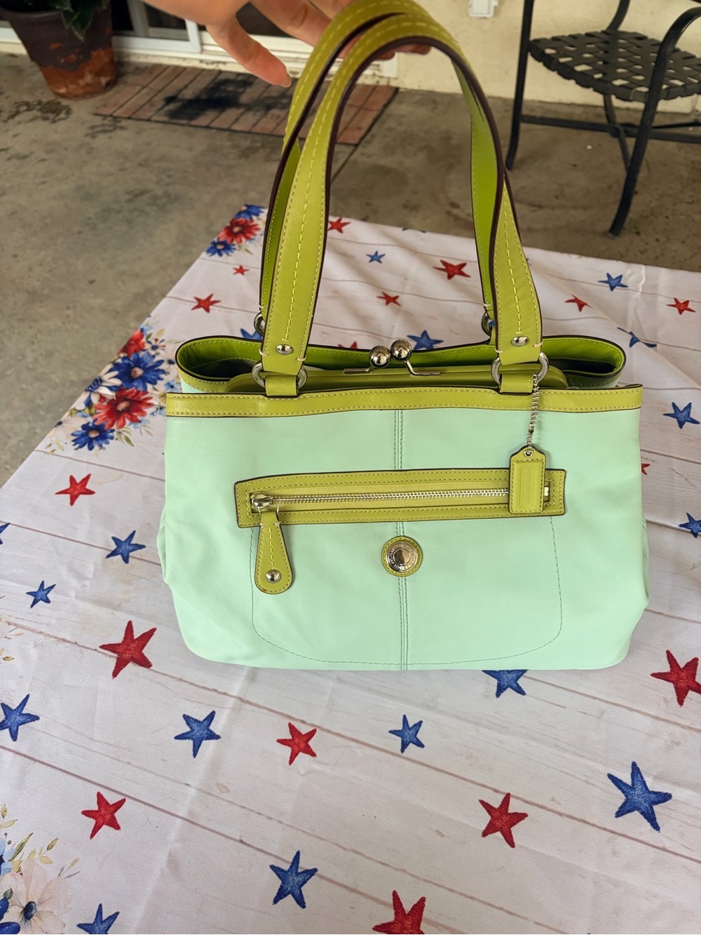 Coach Vintage Kisslock Leather Frame Satchel Bag Mint & Lime Green Y2K